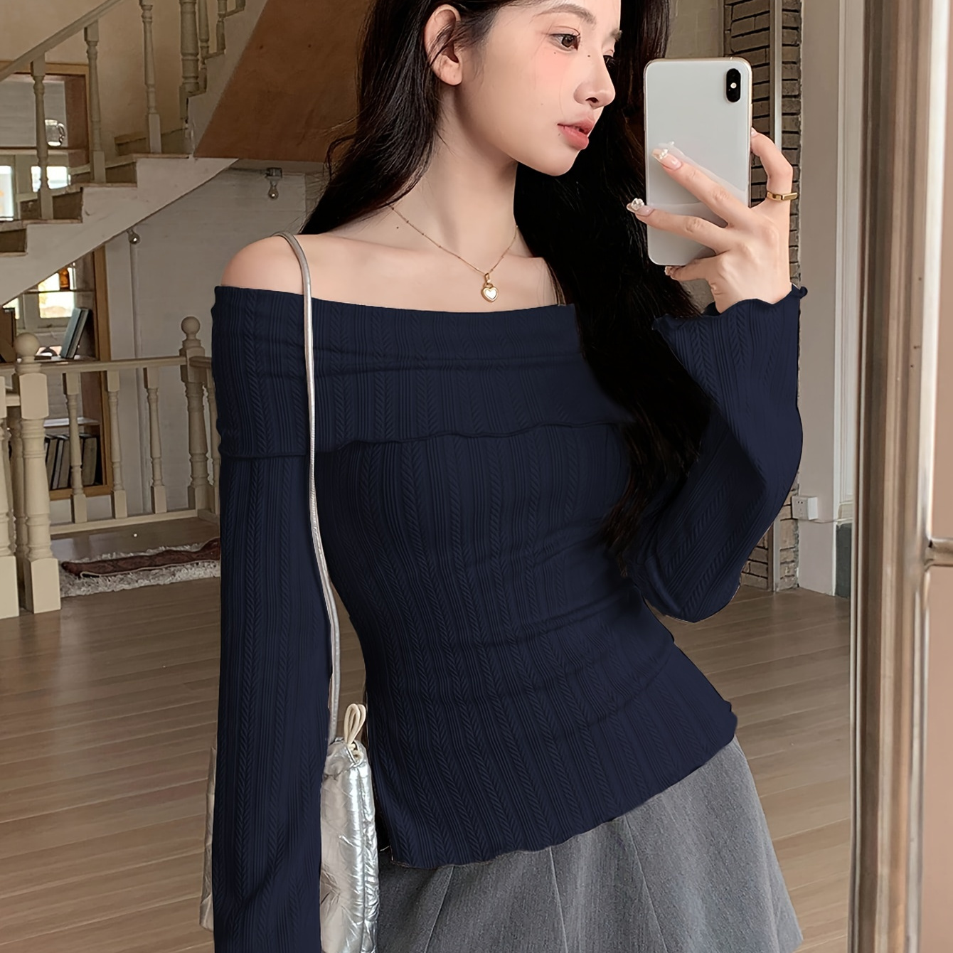 

Off Shoulder Split T-shirt, Casual Long Sleeve T-shirt For Spring & Fall, Women's Clothing