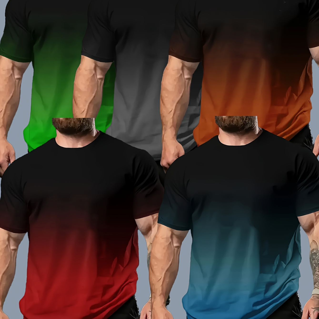 

5pcs Men's Plus Size Gradient Color Short Sleeve Crew Neck T-shirt, Casual Comfortable Tee, Stylish Versatile Top