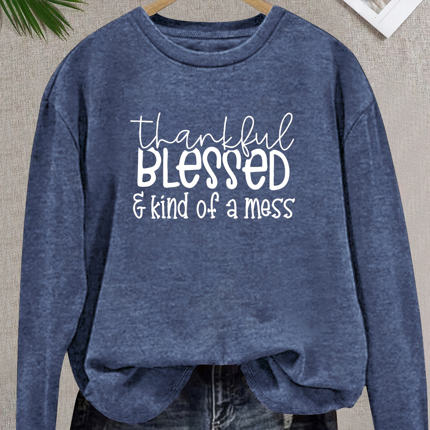 

Blessed & Kind Of A Mess Long Sleeve T-shirt, Women' Neck Top, Knit Fabric With Medium Stretch For Spring/summer/fall