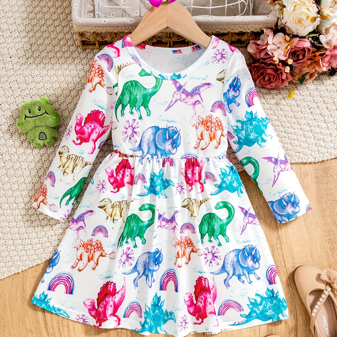 

Toddler Kid Girls Fashion Cute Cartoon Dinosaur Cute & Elastic Dress For Spring And Autumn