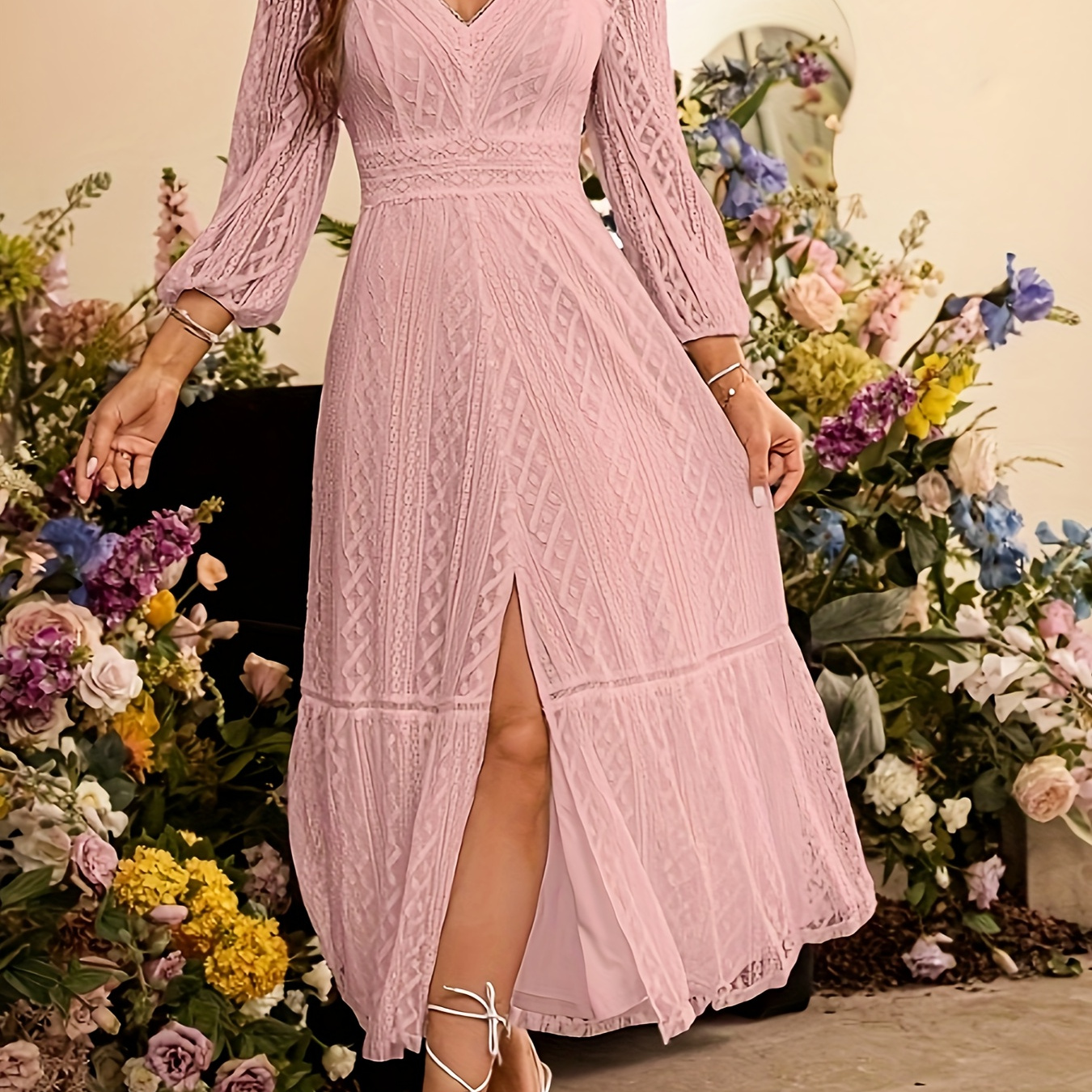 

Solid Textured V-neck Aline Dress, Elegant Lantern Sleeve Split Hem Dress For Spring & Fall, Women's Clothing