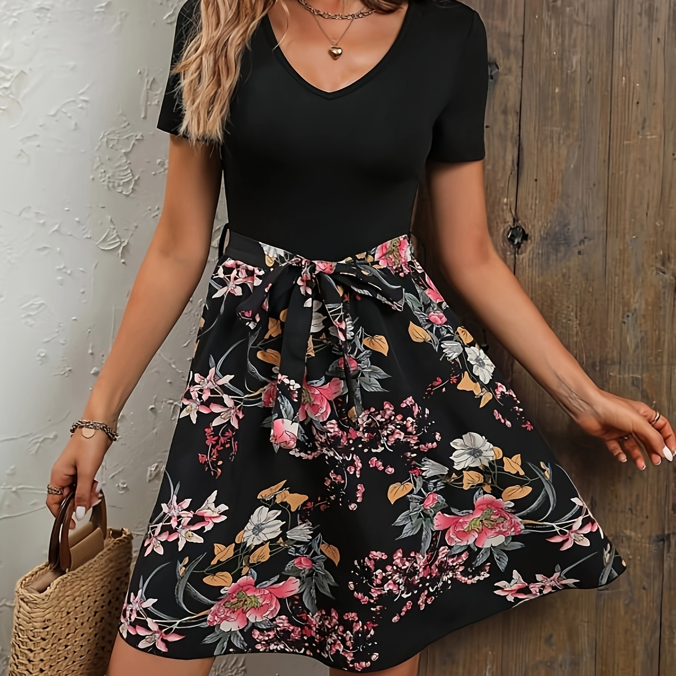 

Floral Print V-neck Belted Dress, Vacation Style Aline Short Sleeve Dress For Spring & Summer, Women's Clothing