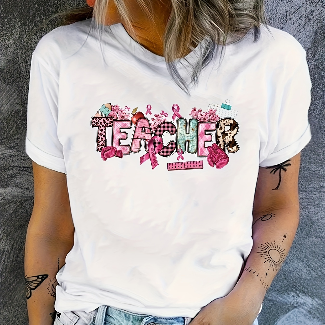 

Teacher Print T-shirt, Casual Crew Neck Short Sleeve Top, Women's Clothing