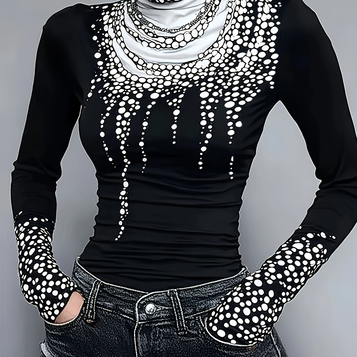 

Casual Abstract Polka Dot Fitted Turtleneck T-shirt