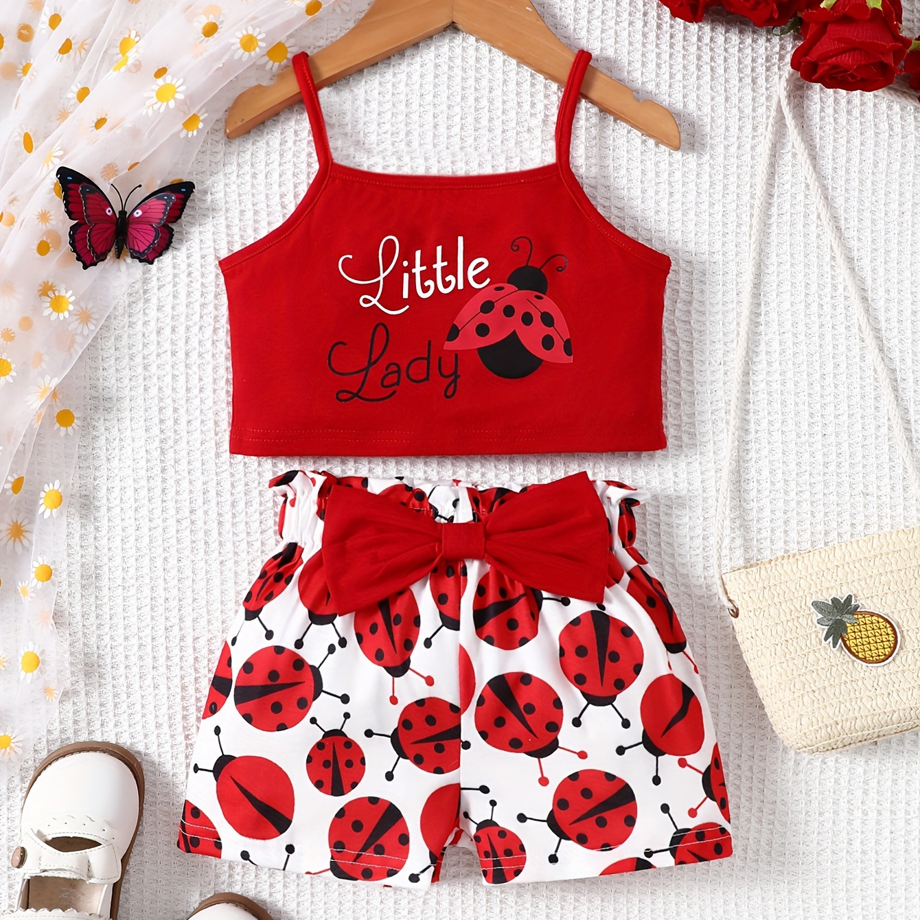 

Baby's "little Lady" Ladybug Print 2pcs Trendy Summer Outfit, Cami Top & Bowknot Decor Shorts Set, Toddler & Infant Girl's Clothes For Daily/holiday/party