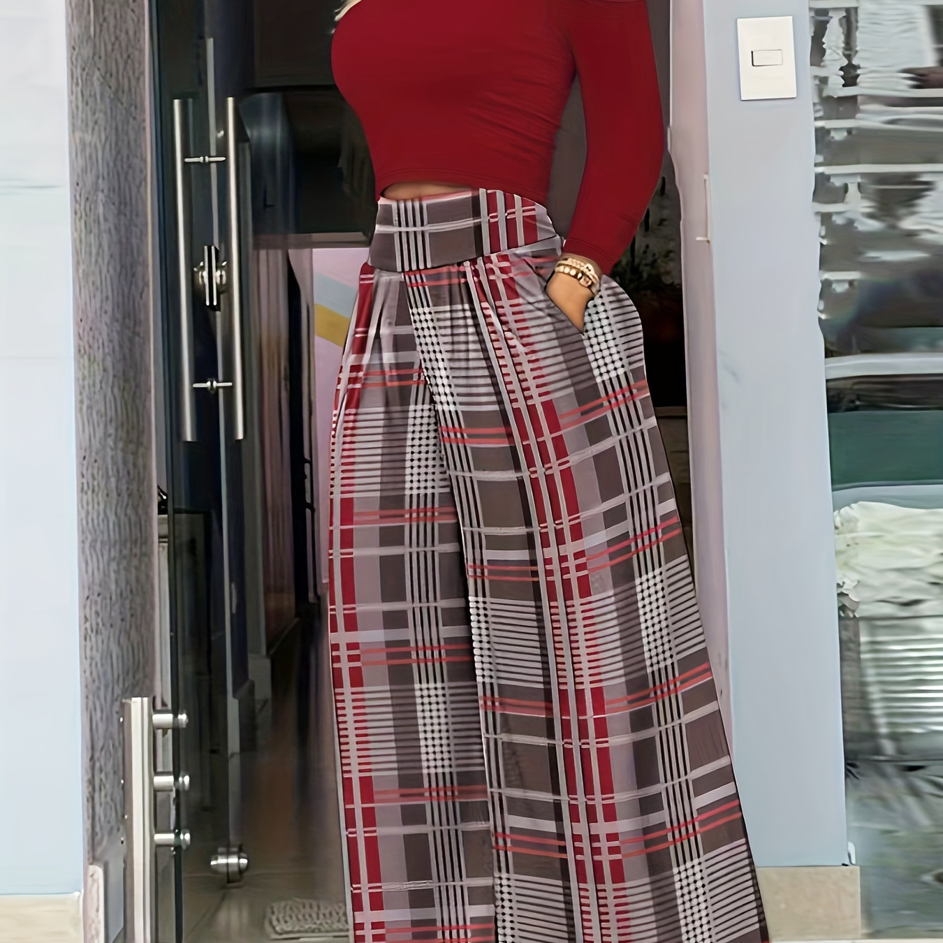 

Elegant Two-piece Set, Cut Out Mock Neck Top & Wide Leg Plaid Print Pants Outfits, Women's Clothing