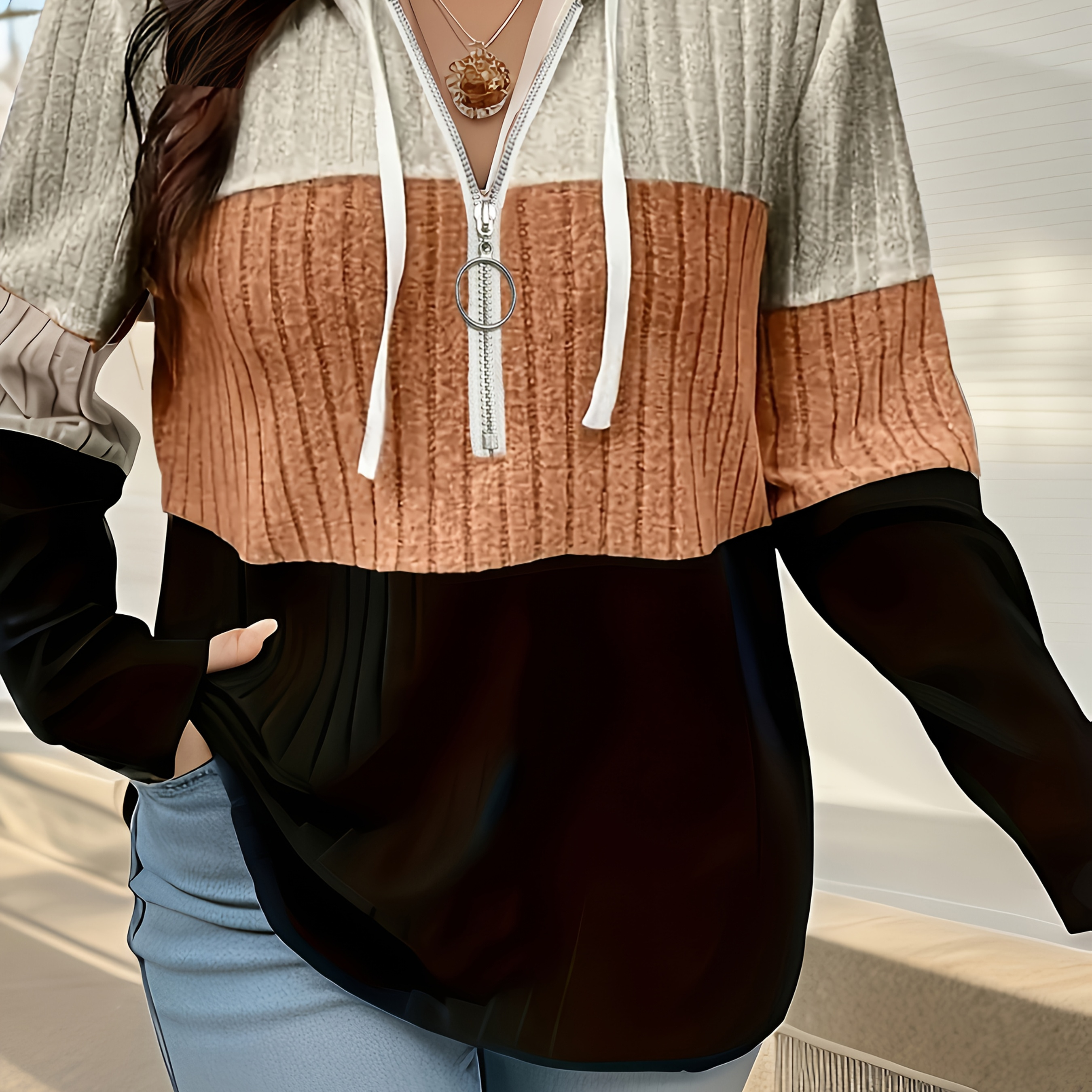 

Women's Plus Size Colorblock Half Zip Hoodies Ribbed Knit V Neck Long Sleeve Pullover Sweater