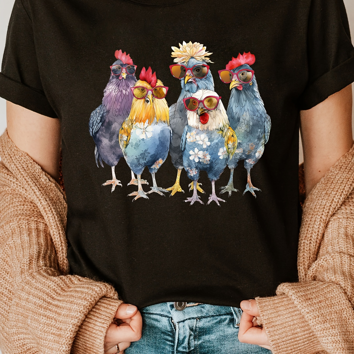 

Chicken Print Crew Neck T-shirt, Short Sleeve Casual Top For Summer & Spring, Women's Clothing