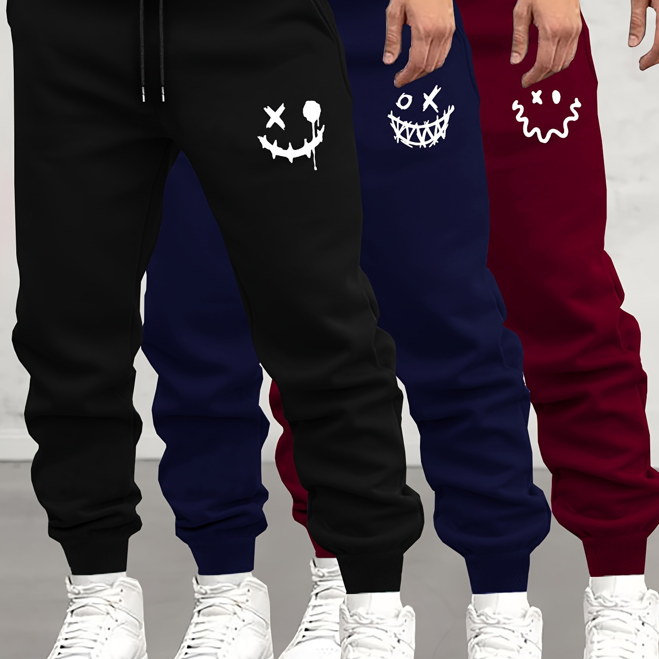 

Stylish Smiling Face Print 3pcs Men's Casual Jogger Sweatpants, Soft Autumn Winter Athletic Track Pants, Comfortable Outdoor Cuffed Drawstring Pants For Sports Outdoor Activities