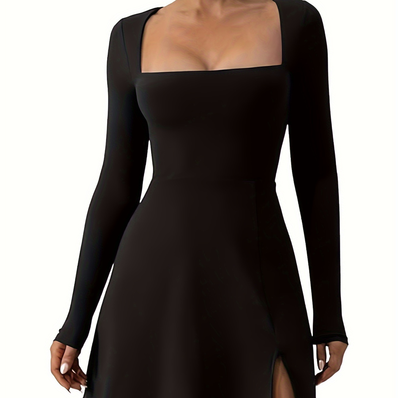 

Elegant Square Neck Bodycon Mini Dress With Long Sleeves And Side Slit - Fall/winter, Machine Washable