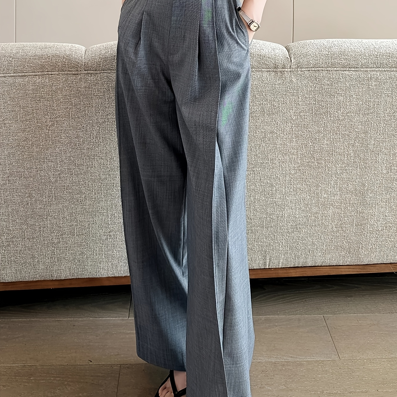 

Chic High-waist Wide-leg Trousers, Solid Color Polyester Tailored Pants, Casual Design Suitable For Adults, With Woven Fabric For Spring/fall