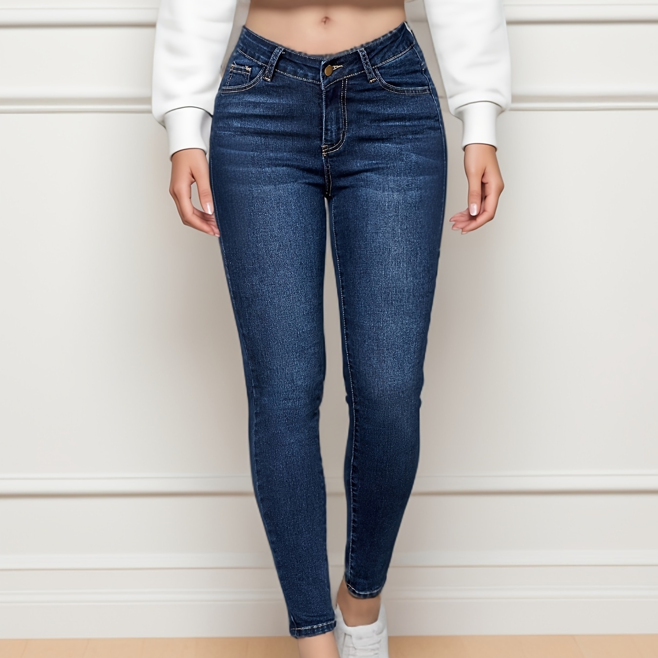 

Plain Dark Washed Blue Low Rise Skinny Fit Basic Denim Pants, Women's Denim Jeans & Clothing