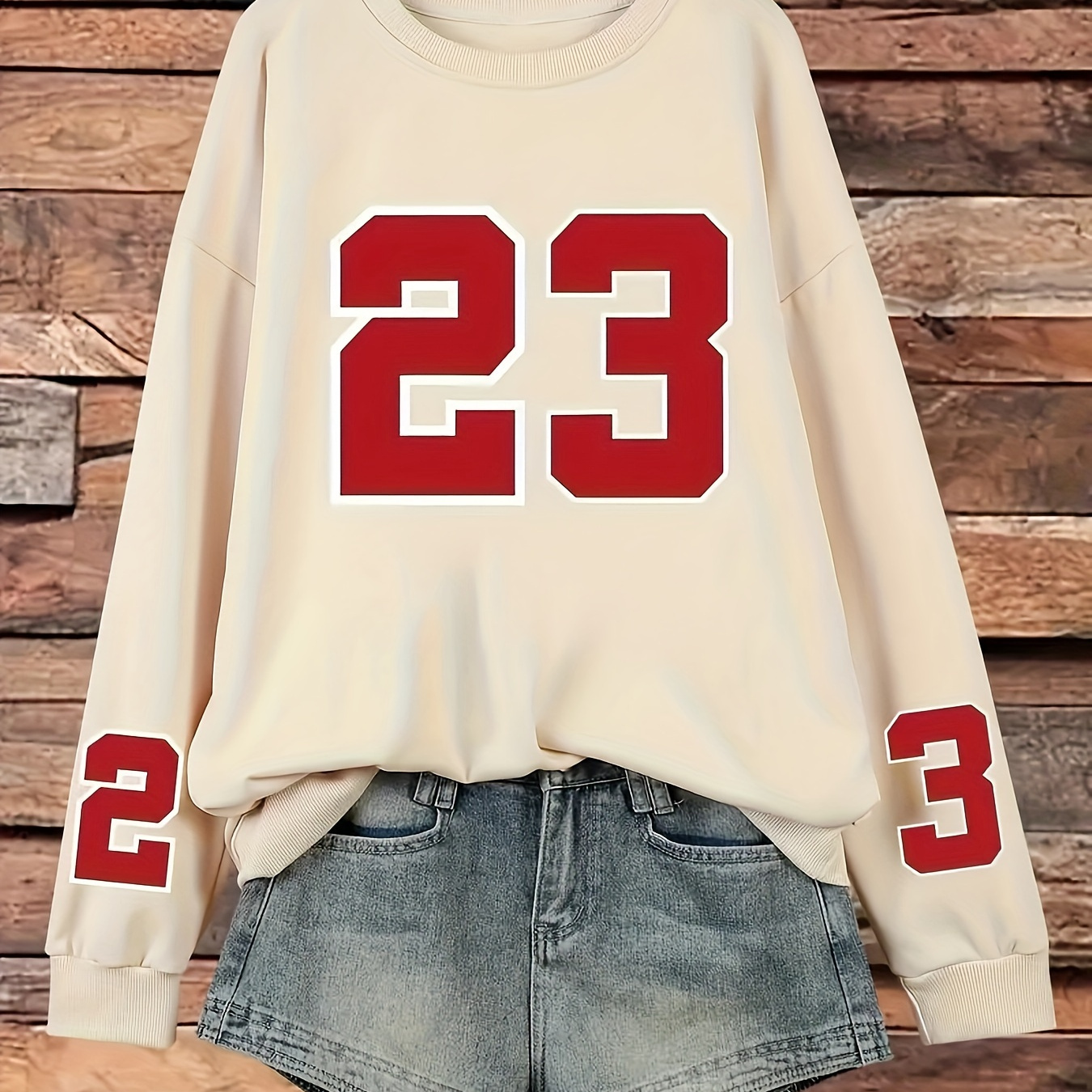 

Plus Size Number 23 Print Pullover Sweatshirt, Casual Long Sleeve Crew Neck Sweatshirt For Fall & Spring, Women's Plus Size Clothing