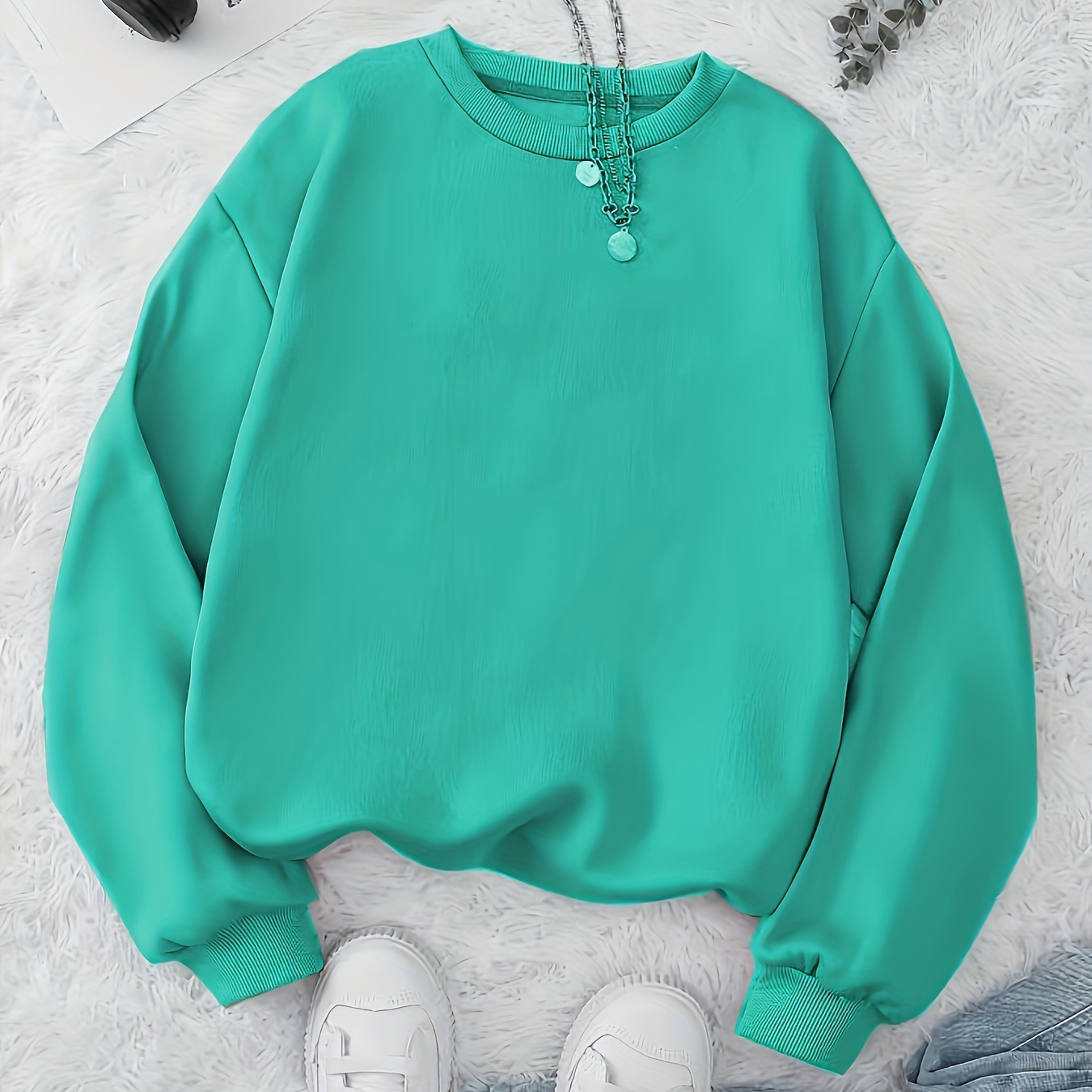 

[top-] Fleece-lined Sweatshirt For - Long Pullover, , Drop Shoulder , Washable, , For Fall &