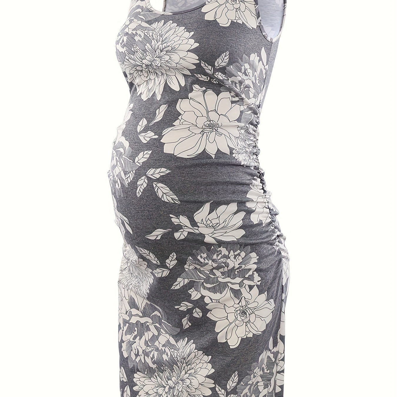 

Elegant Floral Maternity Sleeveless Dress - Stretchy & Comfortable Bodycon With Side Ruched Detail, Knee-length For & Showers, Maternity Clothes