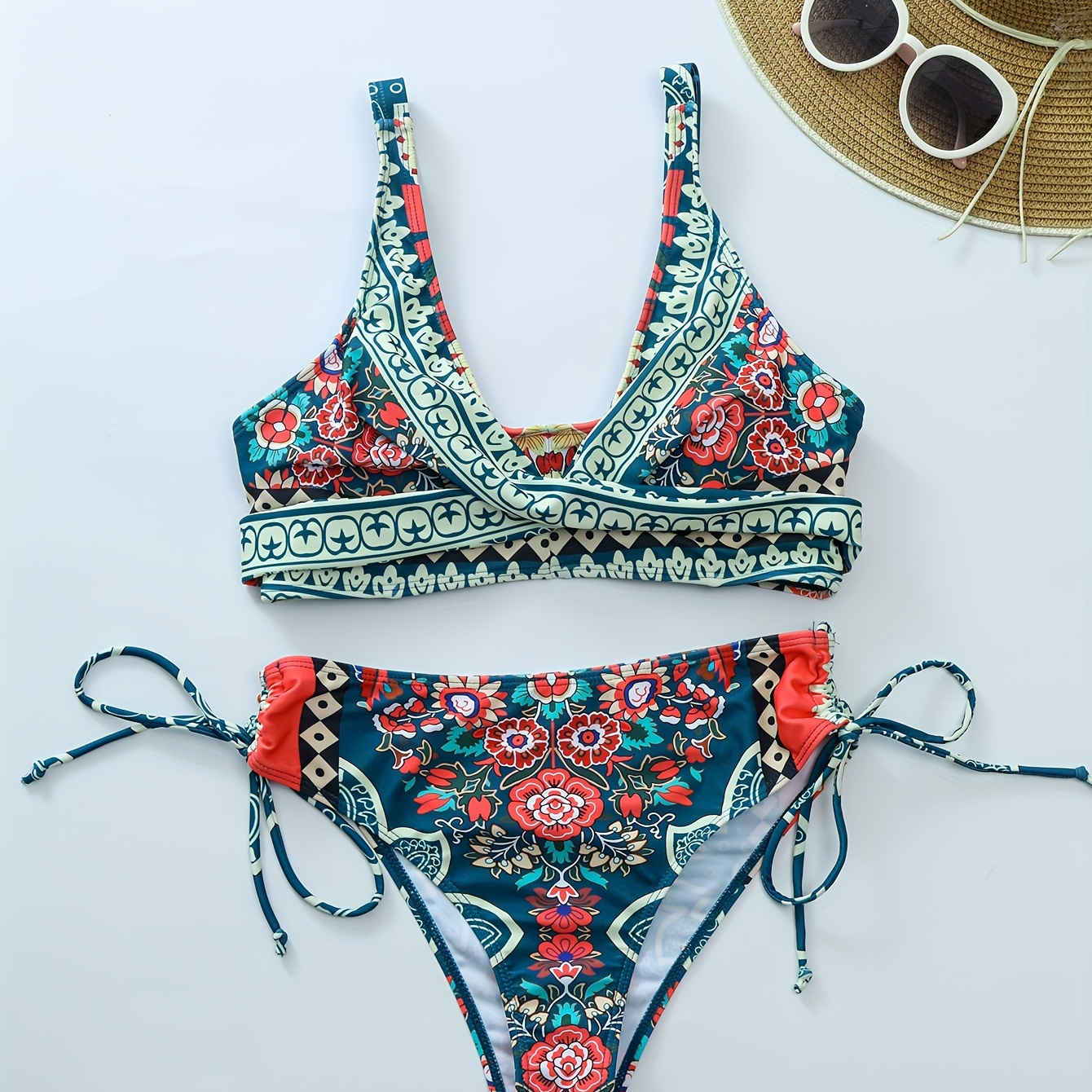 

Floral Pattern 2 Piece Set Bikini, Round Neck Ruched Tie Side High Cut Swimsuits, Women's Swimwear & Clothing