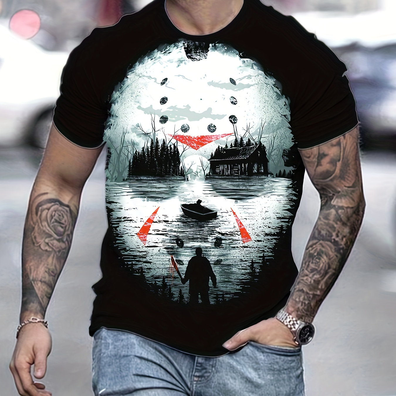 

Men's Halloween Horror Element Pattern Print Crew Neck Short Sleeve T-shirt For Men, Casual Summer T-shirt For Daily Wear And Vacation Resorts
