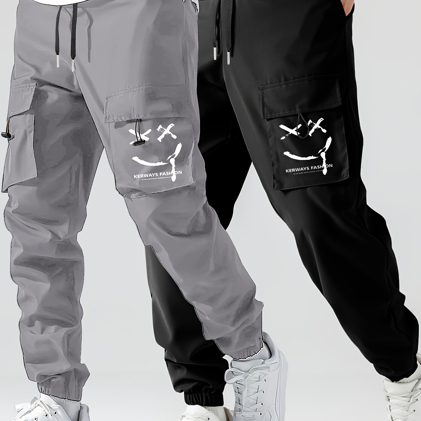 

2 Pcs Men's Stylish Smiling Face Pattern Cargo Jogger With Pockets, Causal Breathable Drawstring Men's Bottom Clothing For City Walk Street Hanging Outdoor Activities