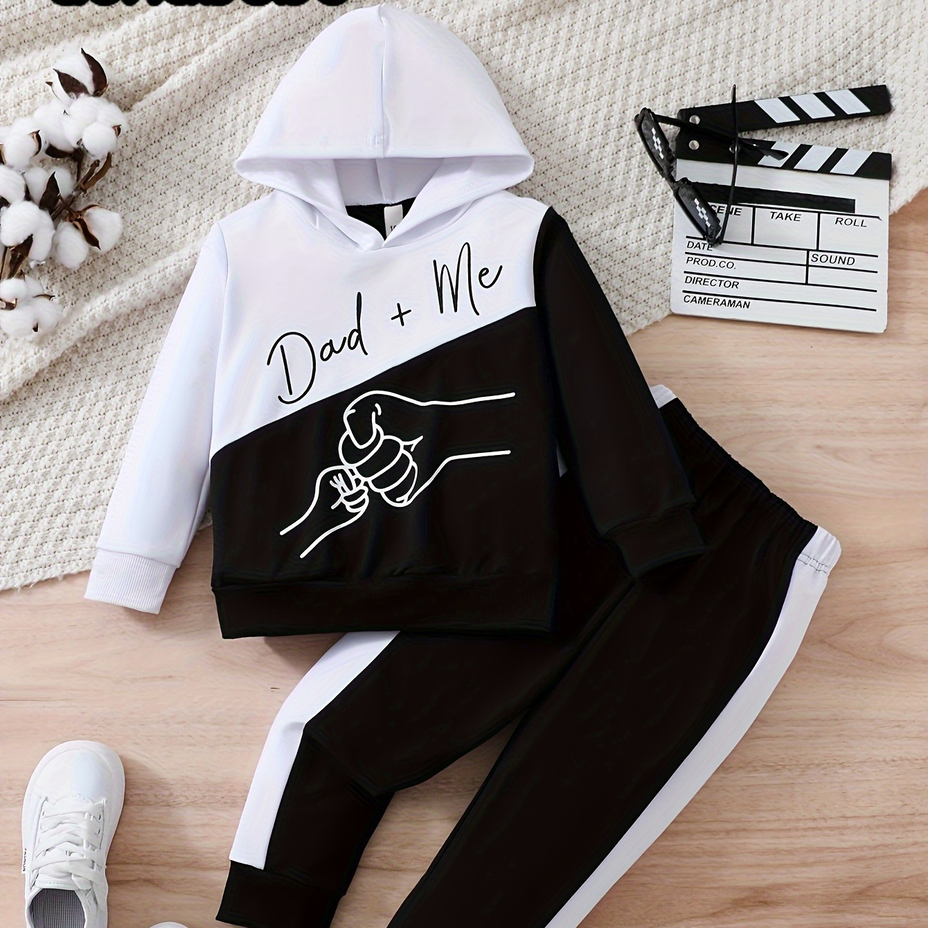 

2pcs Boy's "dad + Me" Fist Bump Print Hooded Outfit, Hoodie & Pants Set, Trendy Hooded Long Sleeve Top, Kid's Clothes For Spring Fall Winter, As Gift