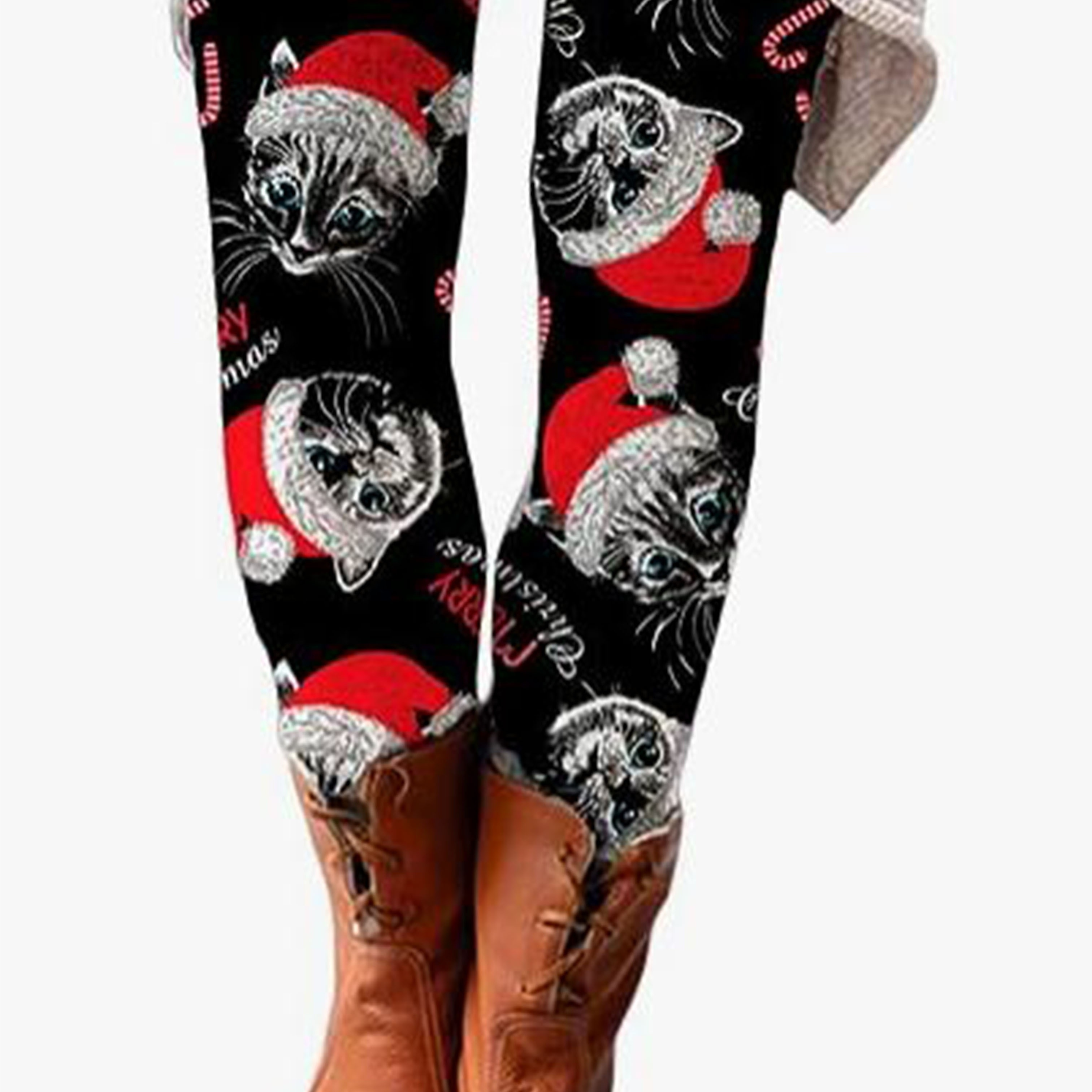 Plus Size Christmas Leggings Women's Plus Christmas Hat Cat - Temu