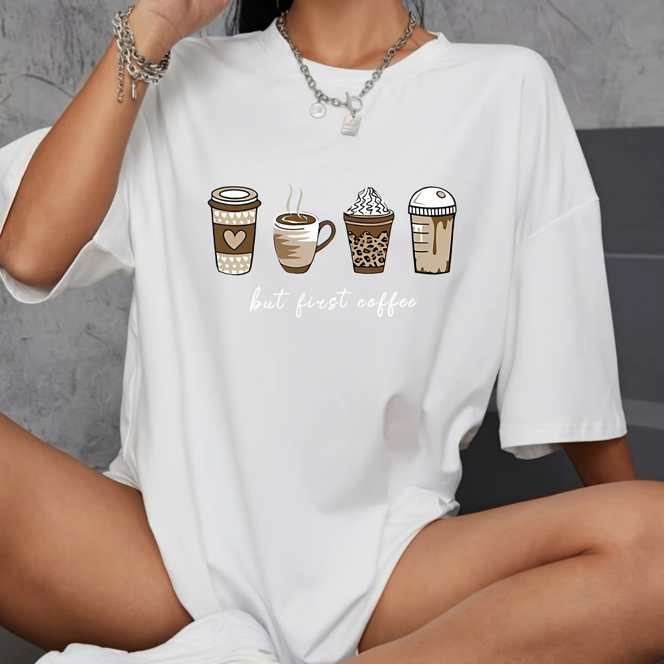 

T-shirt Surdimensionné Avec Impression De Café Et De Lettre, Haut Décontracté À Manches Courtes Et Col Rond, Vêtements Pour Femmes