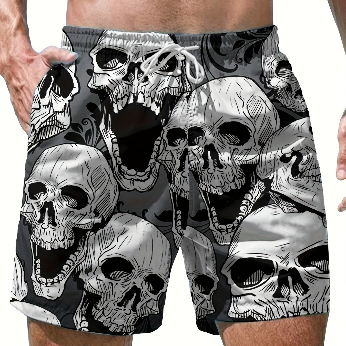 

Men's Comic Style Skeleton Skull Pattern Shorts With Drawstring And Pockets, Novel And Chic Shorts For Summer Street Wear