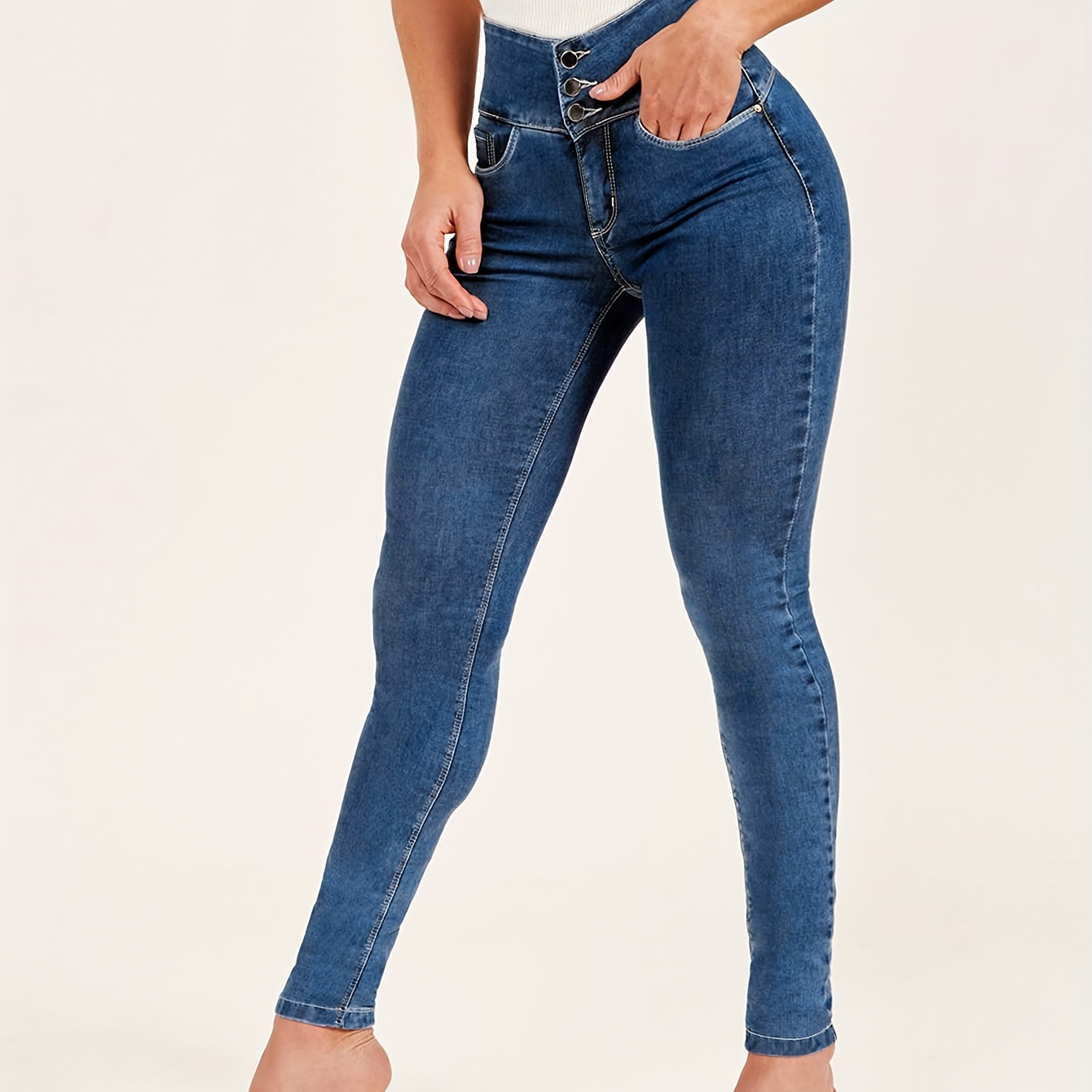 

Single-breasted High Waist Skinny Jeans, Multi-button Slash Pocket Sexy Solid Color Denim Pants, Women's Denim Jeans & Clothing
