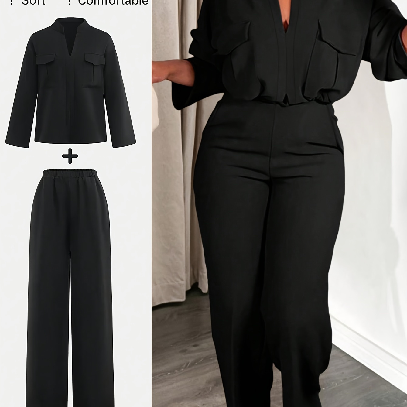 

Tenue Chic pour Femme à Col en V et Couleur Unie avec Poches - Ensemble Décontracté à Manches Longues et Pantalon à Jambe Large, Lavable en Machine - pour /Hiver