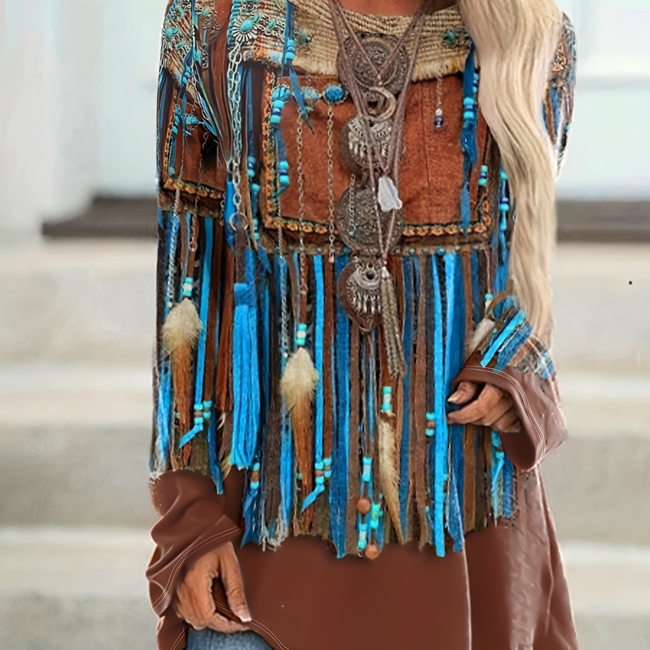 

Vintage Tribal Ethnic Neck T-shirt, Casual Long Sleeve Top For Fall & Winter, Women's Clothing