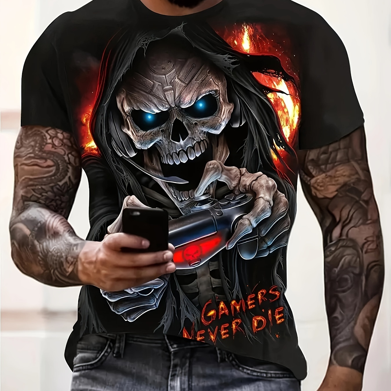 

1pc Men's 3d Print Reaper Gaming Graphic T-shirt, Casual Crew Neck Short Sleeve Tee, Polyester Knit Fabric, Outdoor Wear, Regular Fit - Middle Style