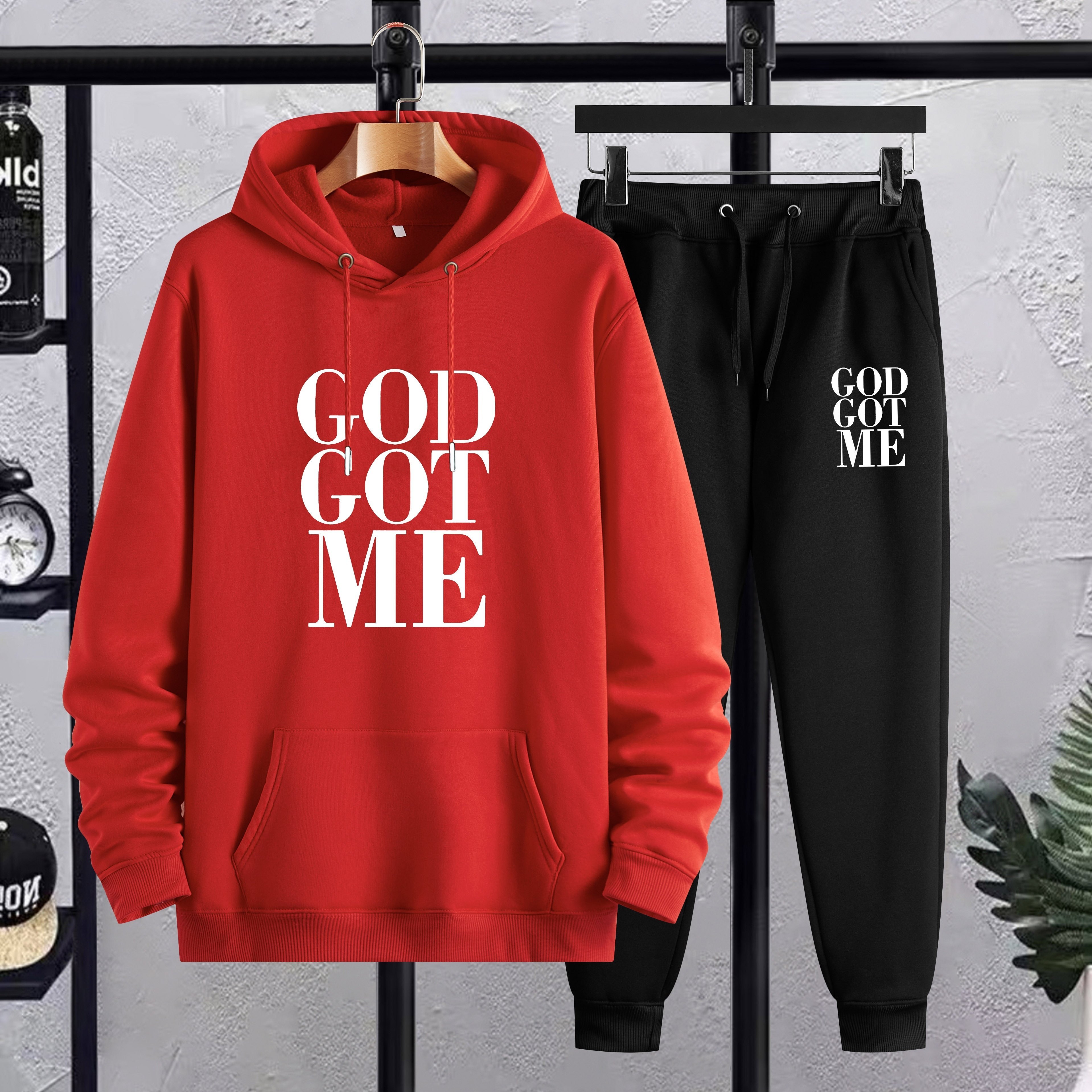 Plus Size Men's "God Got Me" Print Hooded Sweatshirt & Sweatpants Set For Spring Fall Winter, Men's Clothing