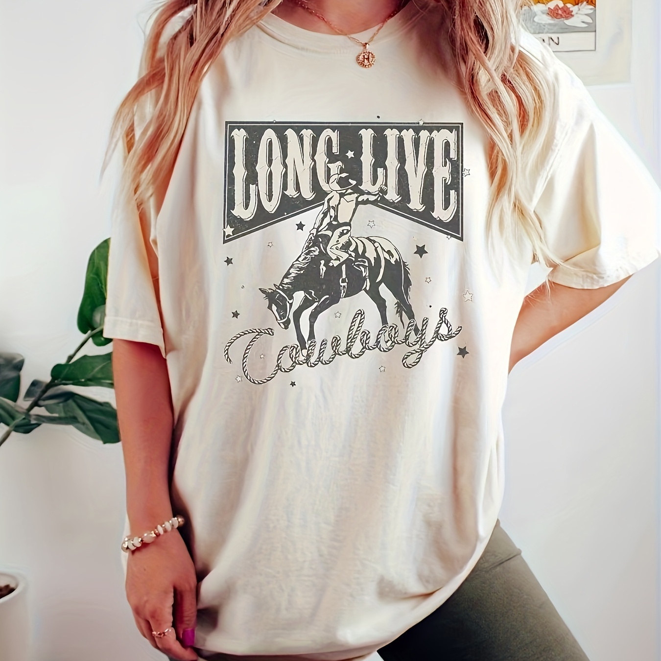 

Long Live Print Crew Neck T-shirt, Casual Short Sleeve Top For Spring & Summer, Women's Clothing