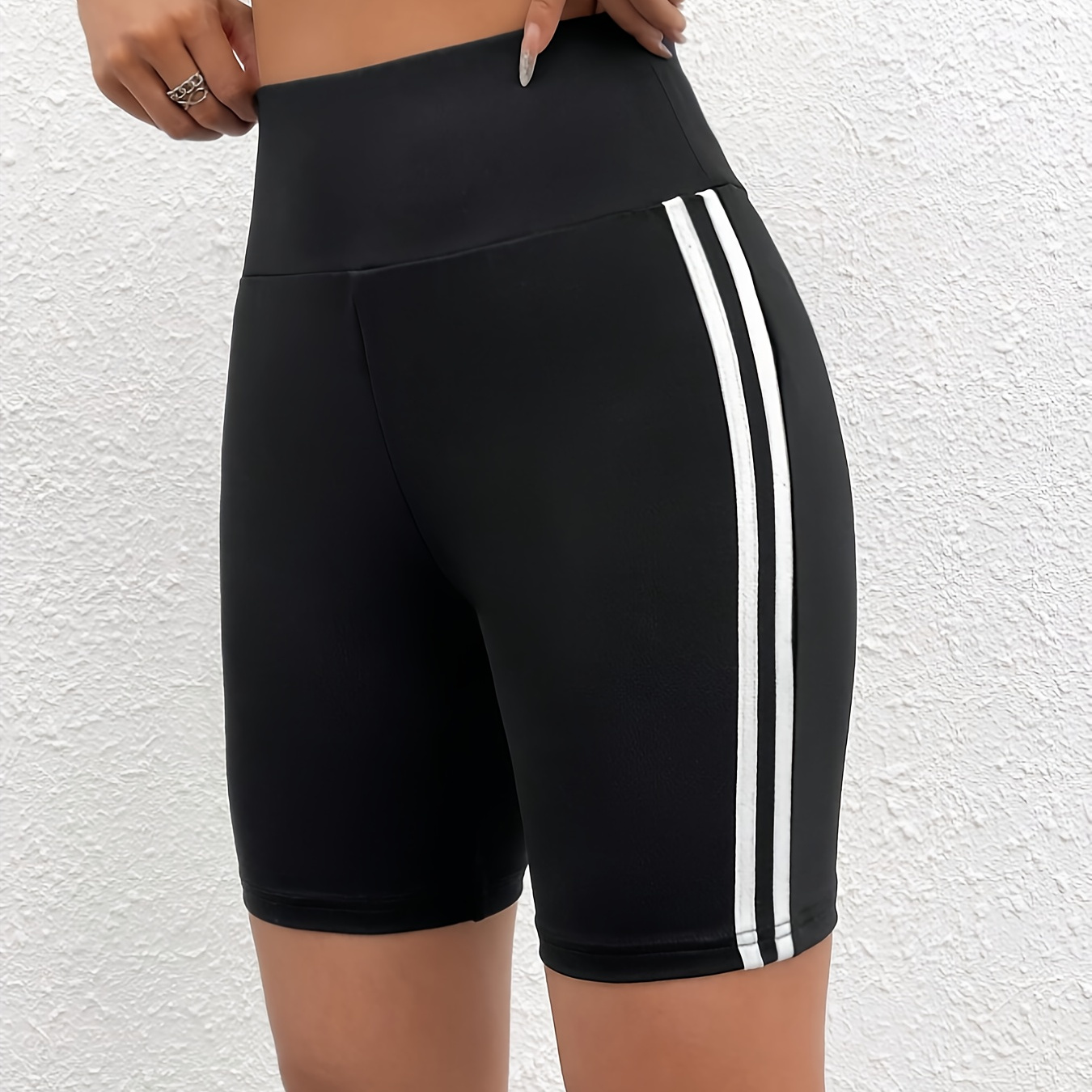 

Striped Lifting Crop Leggings, Casual High Waist Sporty Skinny Yoga Shorts, Women's Clothing