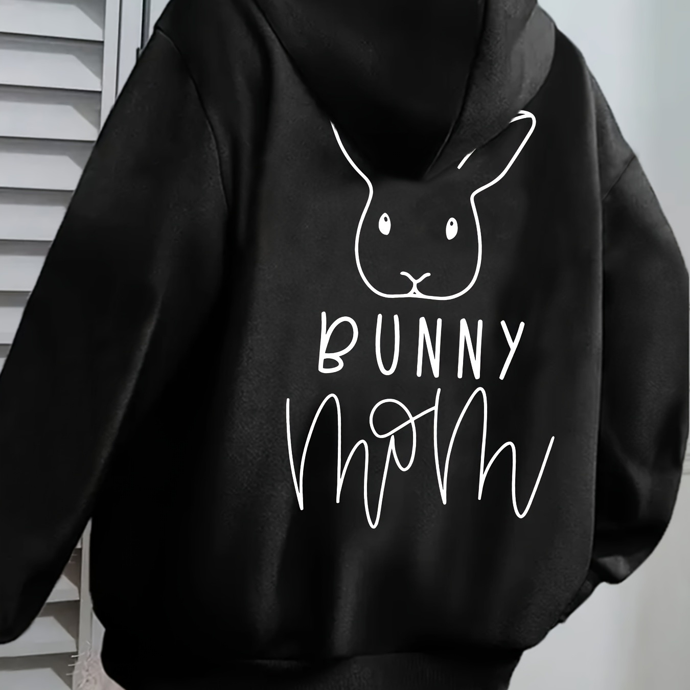 

Women's "bunny Mom" Graphic Hoodie - Casual Gray Polyester Sweatshirt With Rabbit , Drawstring, Pockets - Machine Washable For Spring & Fall