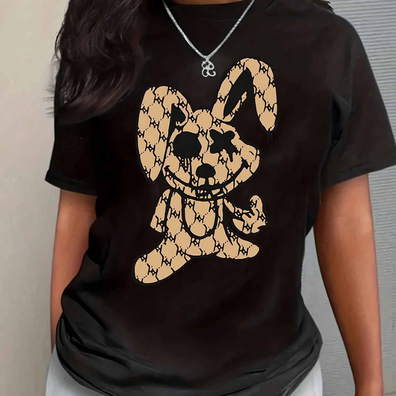 

Quirky Rabbit Doll Print Crew Neck T-shirt, Casual Short Sleeve T-shirt For Spring & Summer, Women's Clothing