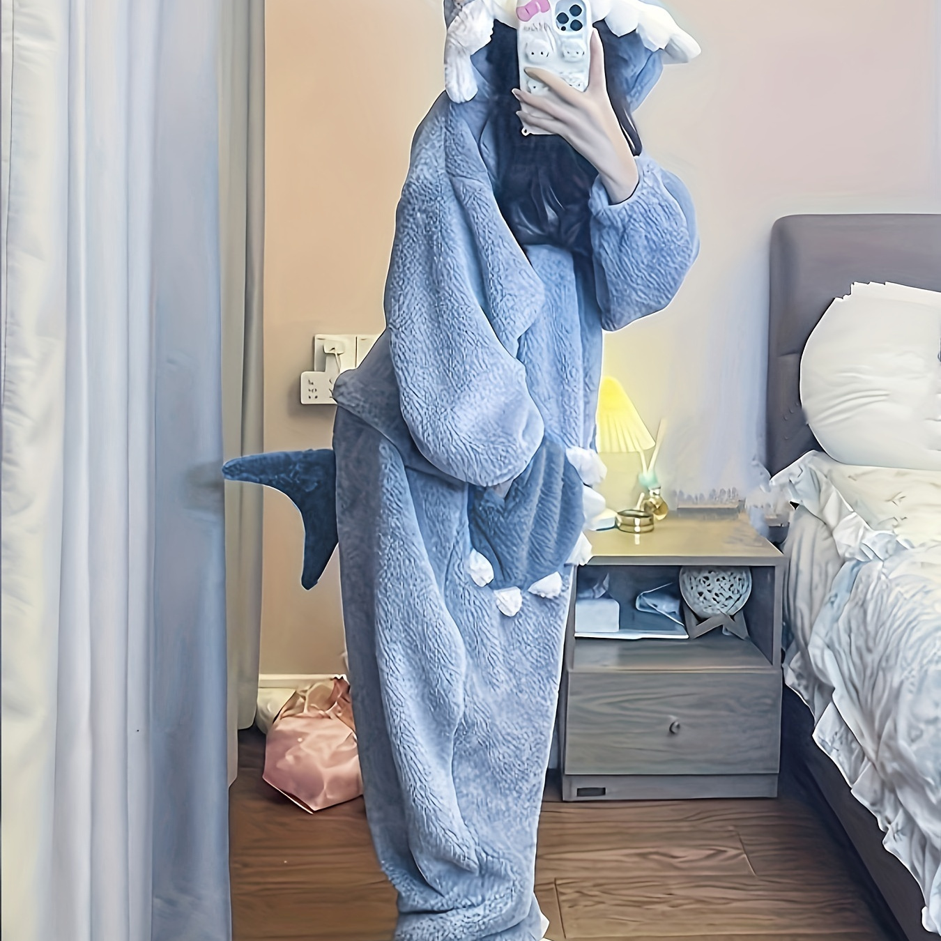 

Cozy Cartoon Shark Hooded Plush Onesie Pajamas For Women - Long Sleeve, Zip-up Fuzzy Sleepwear With Colorblock Design, Carnivals, & Music Festivals