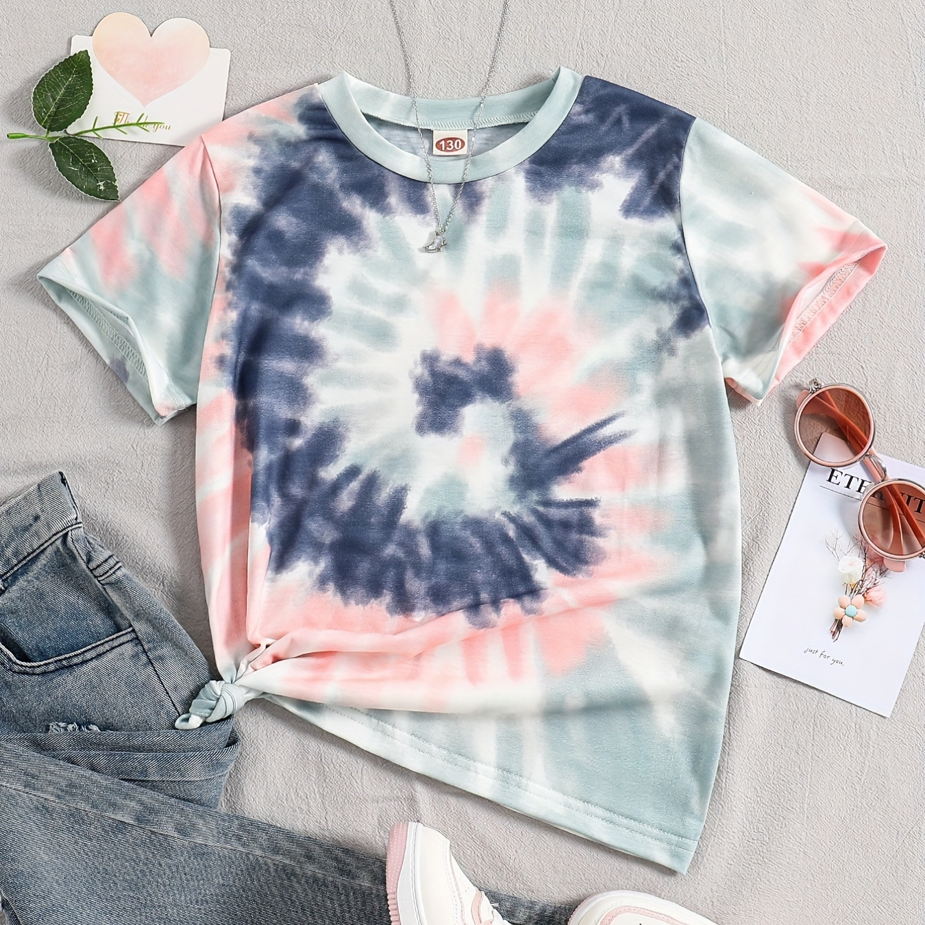 

Girls Casual Tie Dye Graphic T-shirt, Lightweight And Comfortable Fit Kids Crew Neck Summer Tops Clothing