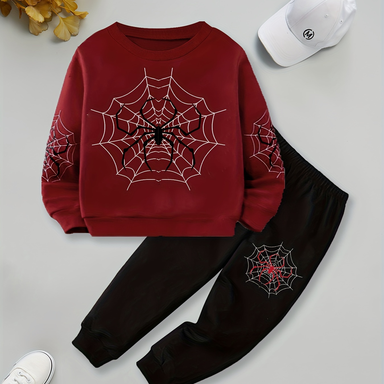 

2pcs Boys Casual Spider Print Creative Long Sleeve Sweatshirt&sweatpants Sets, Kids Spring Fall Winter Clothes