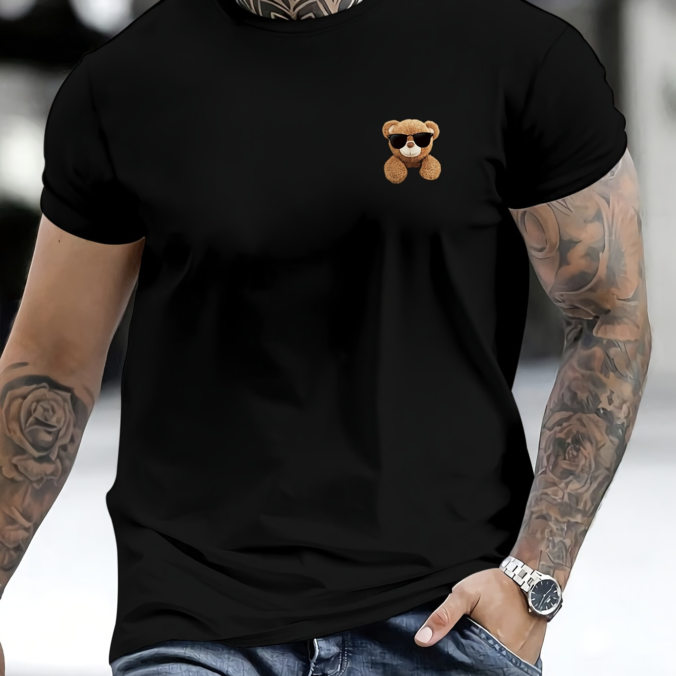 

Teddy Bear Pattern T-shirt, Men's Casual Stretch Round Neck Tee Shirt For Summer