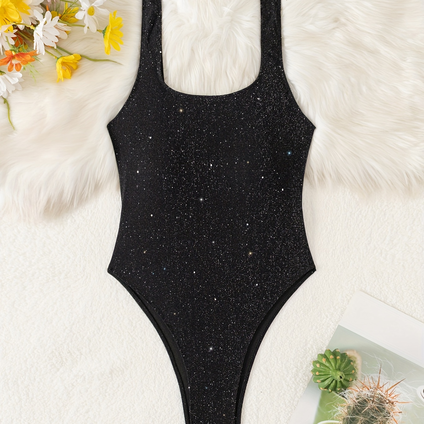 

European And American Women' Beach Swimwear Featuring A Sexy Mesh Design, Sparkling Backless One-piece Bikini In Solid Colors For Casual Wear.