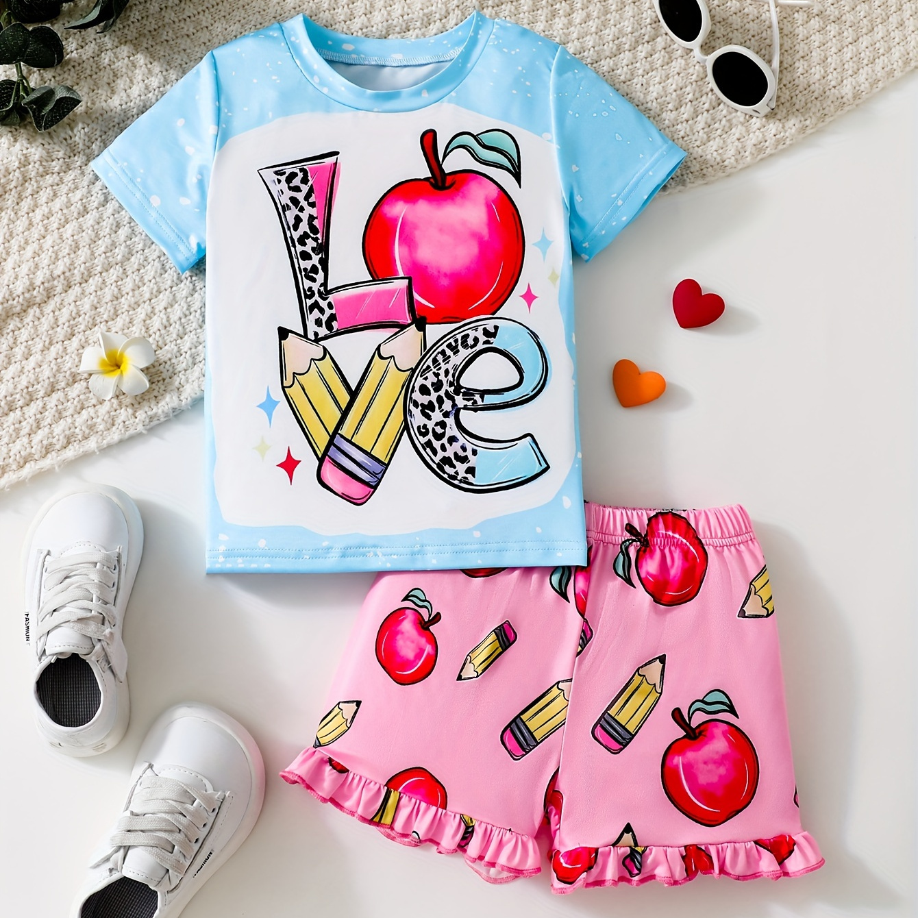 

2pcs Girls Clothes Pencil Pattern Short Sleeve Top + Fruit Pencil Digital Print Shorts