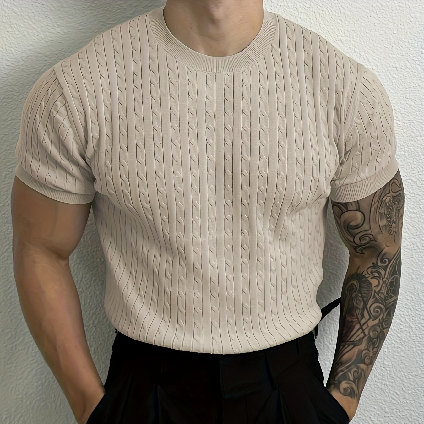 

Men's Ribbed And Textured Knit Crew Neck And Short Sleeve T-shirt, Casual And Chic Summer Tops For Daily And Outdoors Leisurewear