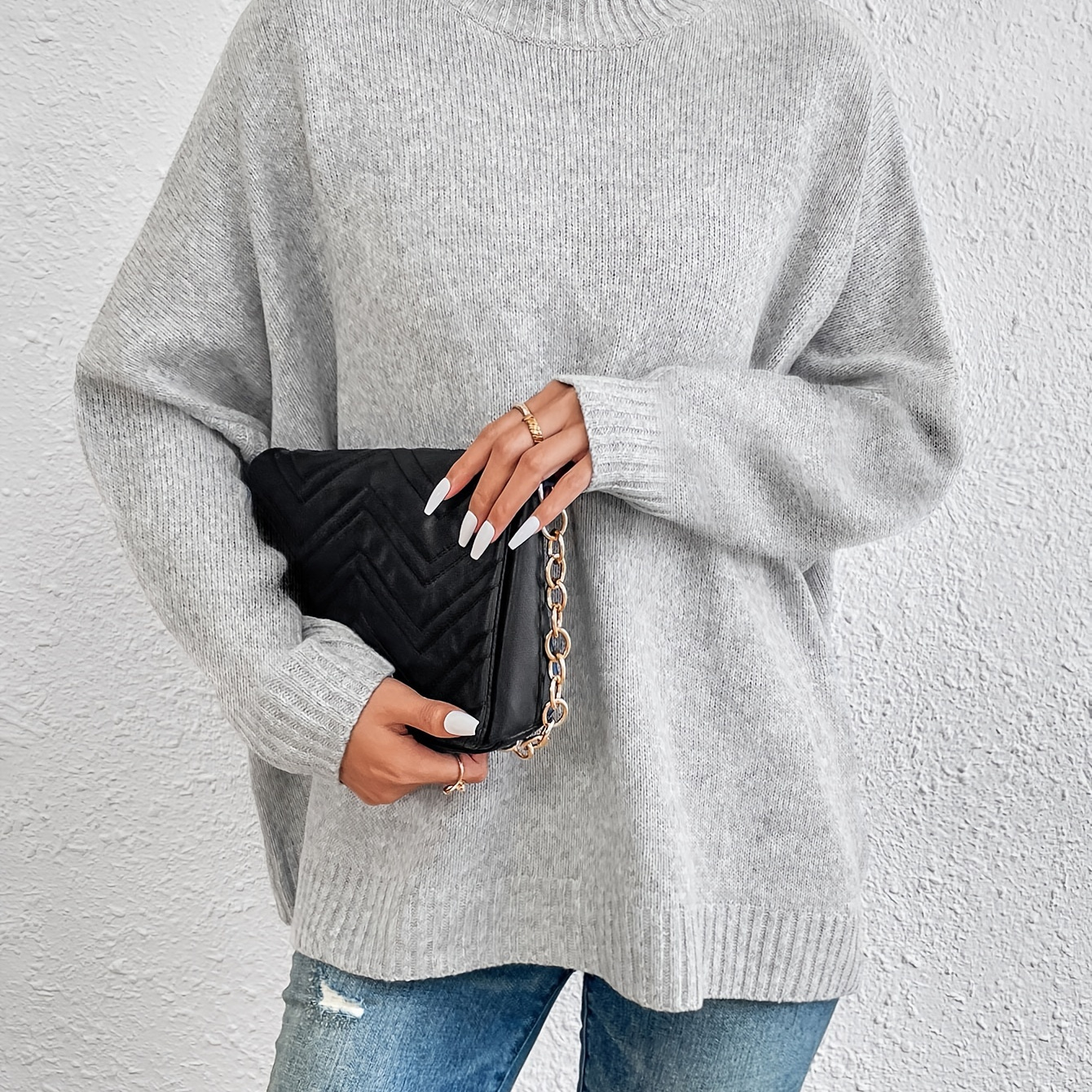 

Solid Mock Neck Pullover Sweater, Casual Batwing Sleeve Loose Sweater, Women's Clothing