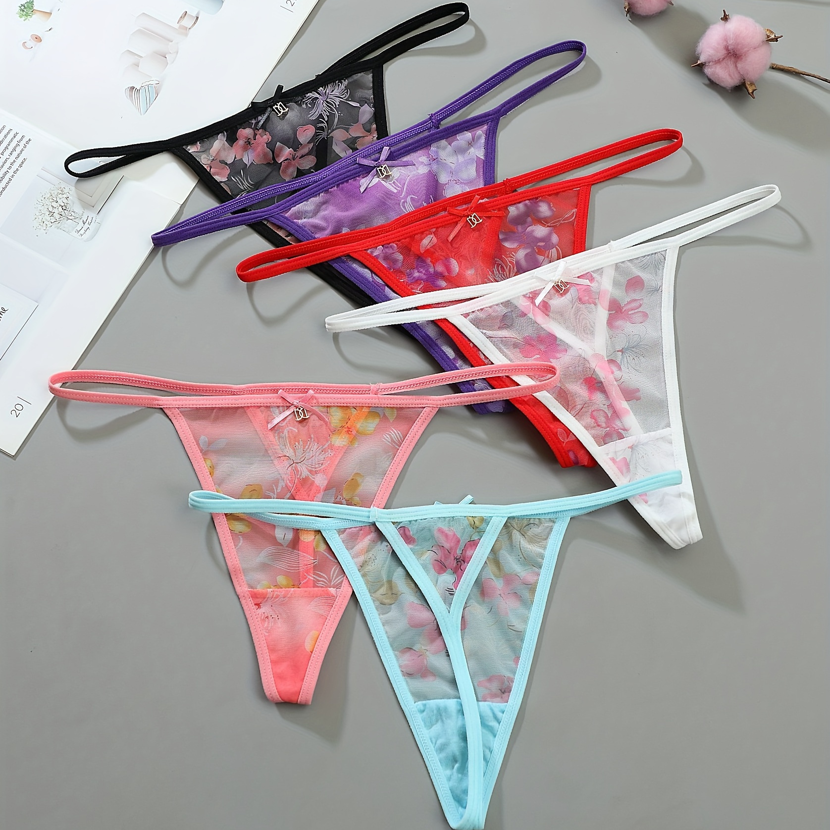 

6pcs Floral Print Mesh Stitching Thongs, Comfy & Breathable Stretchy Intimates Panties, Women's Lingerie & Underwear