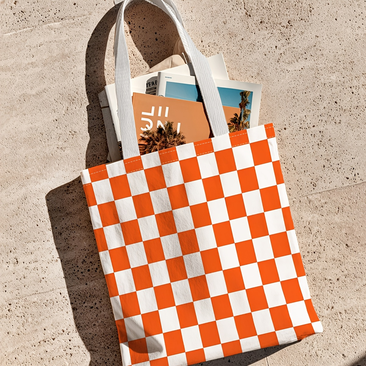 TEMU 1pc Checkered Tote Bag Suitable For Grocery Shopping & Beach Trips - Orange & White Geometric Grid Pattern, Durable Handbag With Minimalist