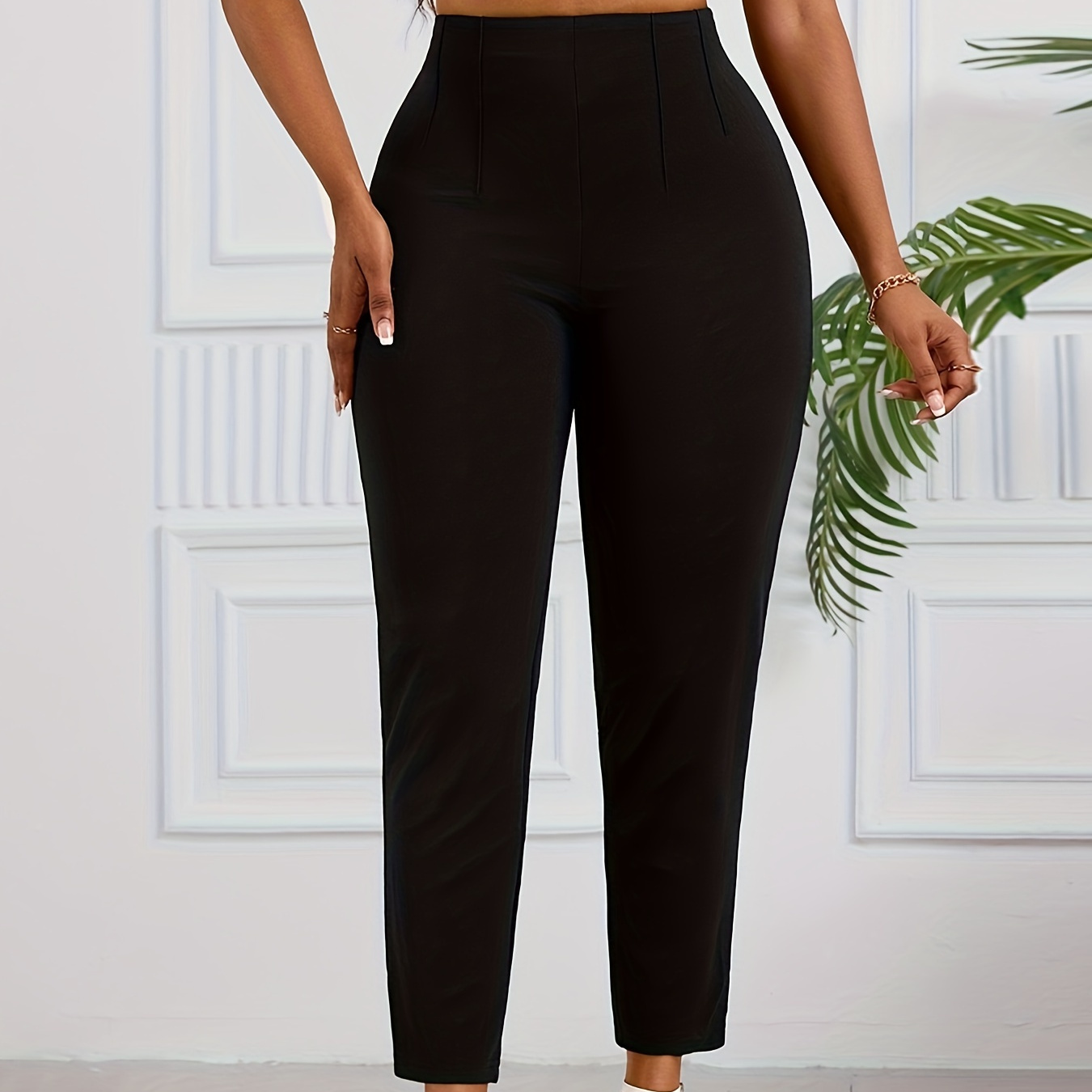 

Solid Color Tapered Pants, Elegant High Waist Slim Pants For Work & Office, Women's Clothing