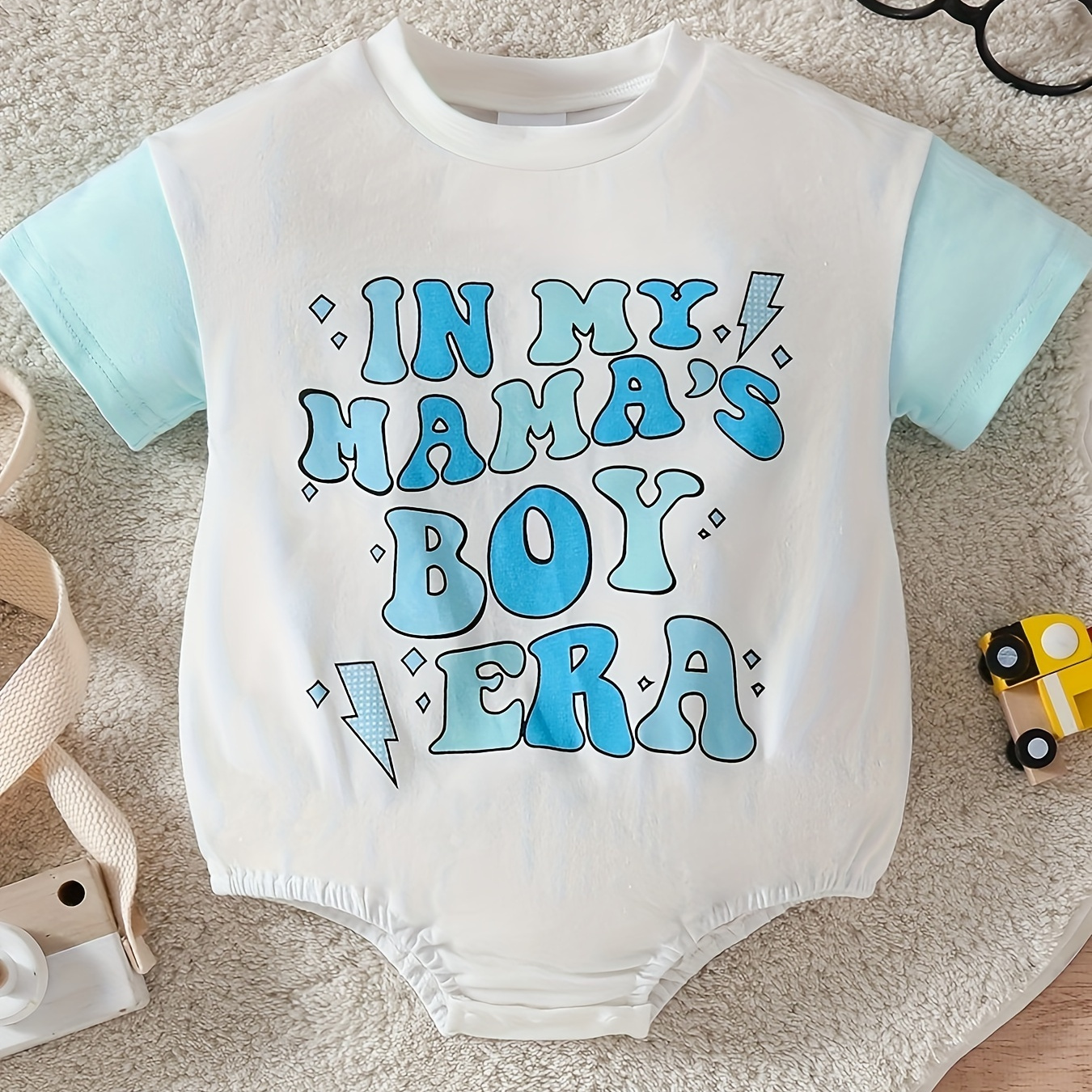 

Baby's "in My Mama's Boy Era" Print Triangle Bodysuit, Cotton Color Clash Casual Short Sleeve Romper, Toddler & Infant Boy's Clothing