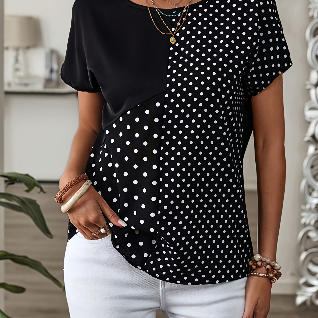 

Round Dot Pattern Spliced Woven Elegant Round Neck Short Sleeve 's Shirt