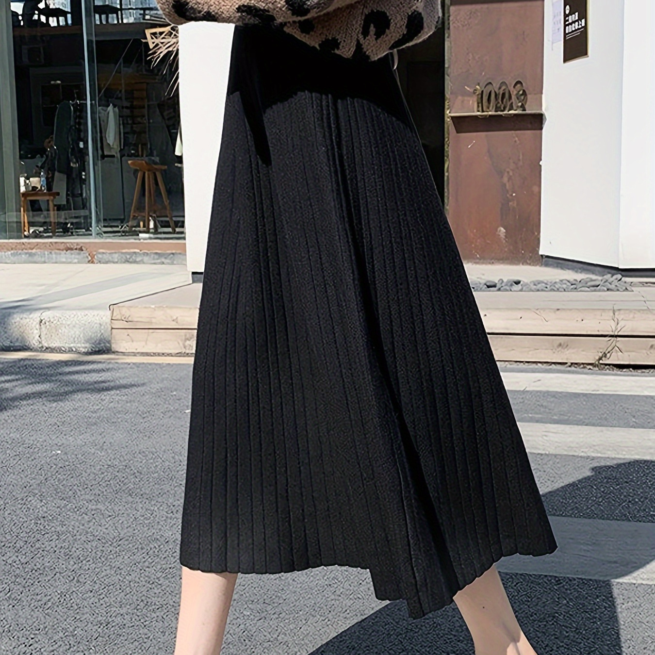 

Women's Elegant Pleated Knit Long Skirt, Solid Color, No Waistband, Acrylic/polyamide/polyester, Korean Style, Long Length, Ruched Hem, Knitted Fabric, Autumn/winter Season