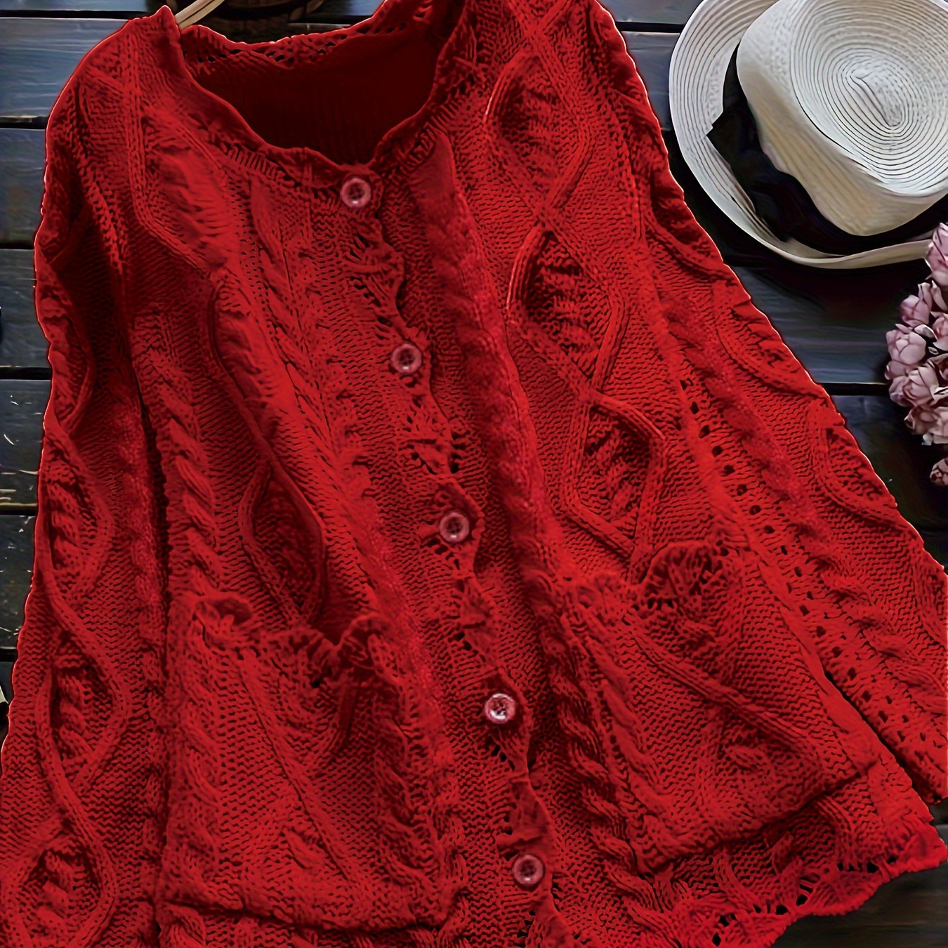 

Cable Knit Button Front Solid Cardigan, Casual Crew Neck Scallop Trim Long Sleeve Dual Pockets Hollow Cardigan, Women's Clothing